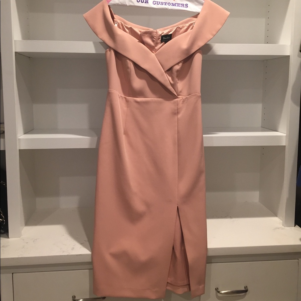Bardot off the shoulder dress in coral.